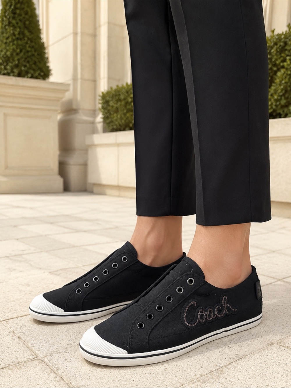 Beautiful Coach Black Canvas Slip-On Sneakers with black Script Logo❤️8-8.5